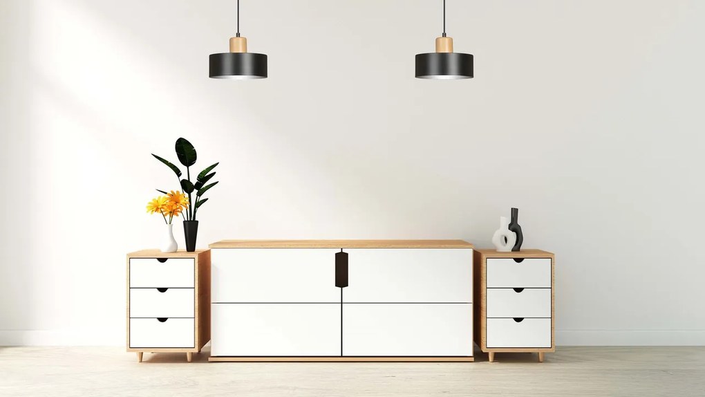 Lampadario a Sospensione in Acciaio e Legno TORIN 1 Nero/Bianco E27