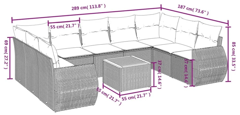 Set divani da giardino 10pz con cuscini in polyrattan nero