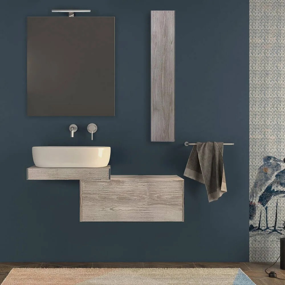 Mensolone da bagno 60 cm rovere sbiancato con specchio filo lucido, pensile da 100 cm e cassettone da 75 cm