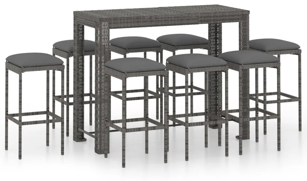 Set da Bar da Giardino 9 pz con Cuscini in Polyrattan Grigio