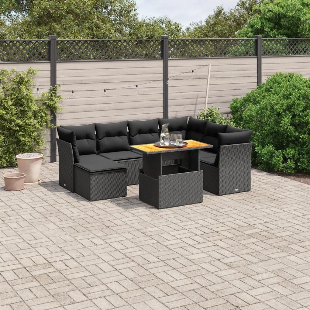 Set divani da giardino con cuscini 8 pz nero in polyrattan
