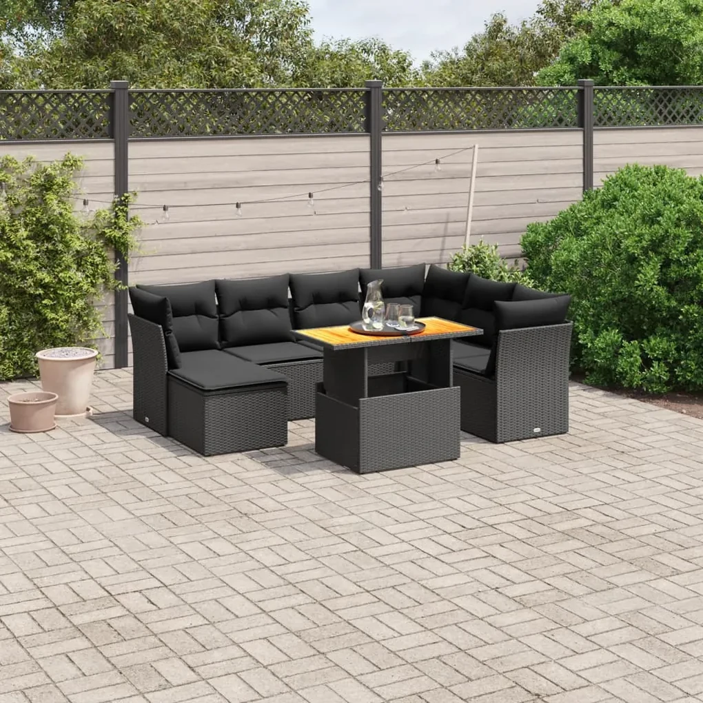 Set divani da giardino con cuscini 8 pz nero in polyrattan
