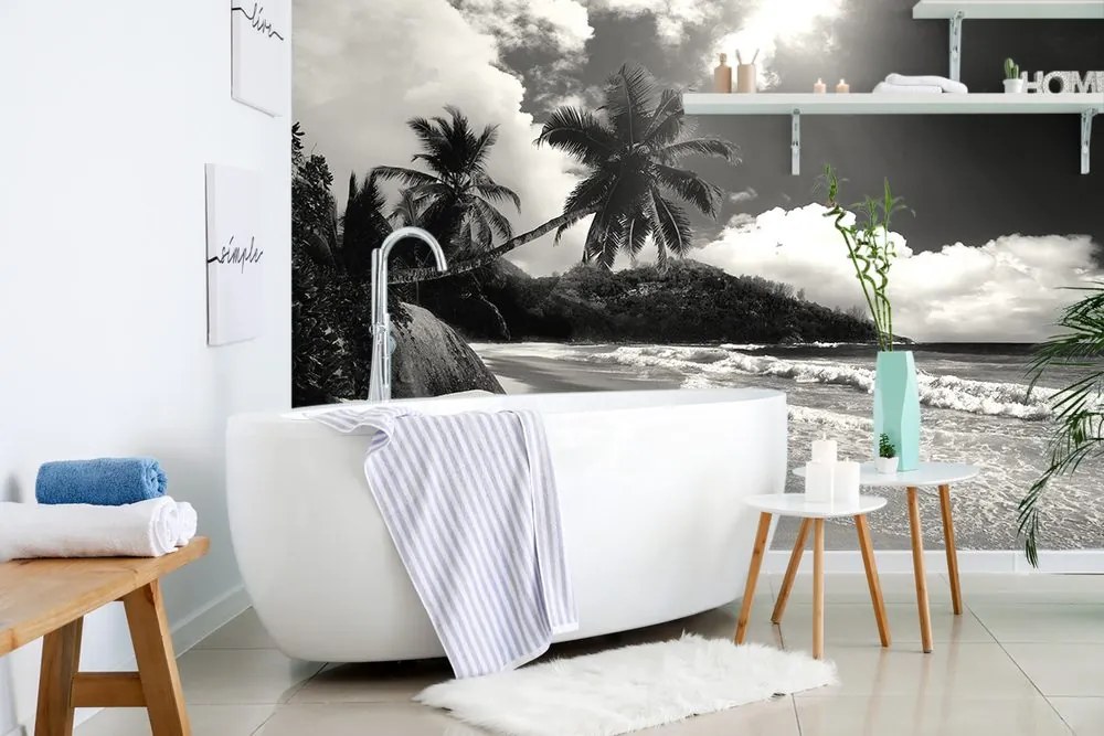 Carta da parati – Spiaggia sull'isola di Seychelles in bianco e nero