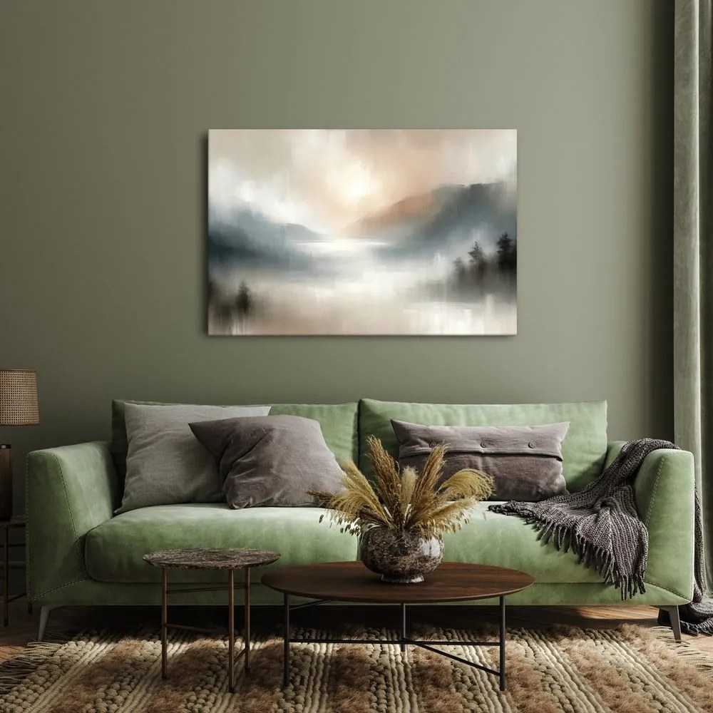 Quadro su tela – Montagne nebbiose e lago