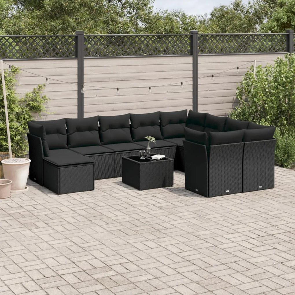 Set Divani da Giardino 10pz con Cuscini in Polyrattan Nero