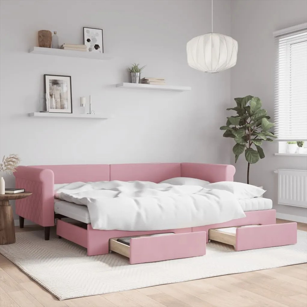 Divano letto estraibile con cassetti rosa 90x200 cm velluto