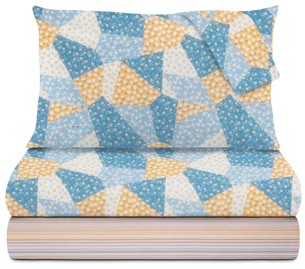 Completo letto matrimoniale cotone patchwork fiori blu Taylor