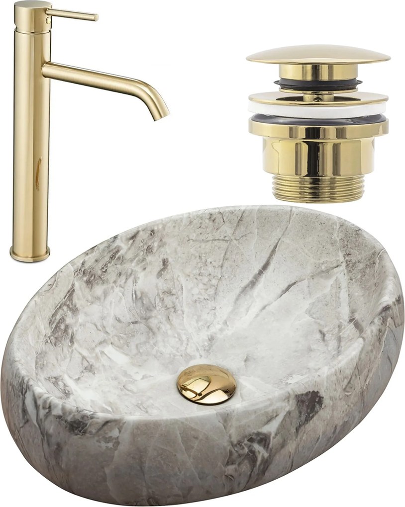 Set Lavabo da appoggio Linda stone + Rubinetto da bagno Lungo gold + Tappo gold