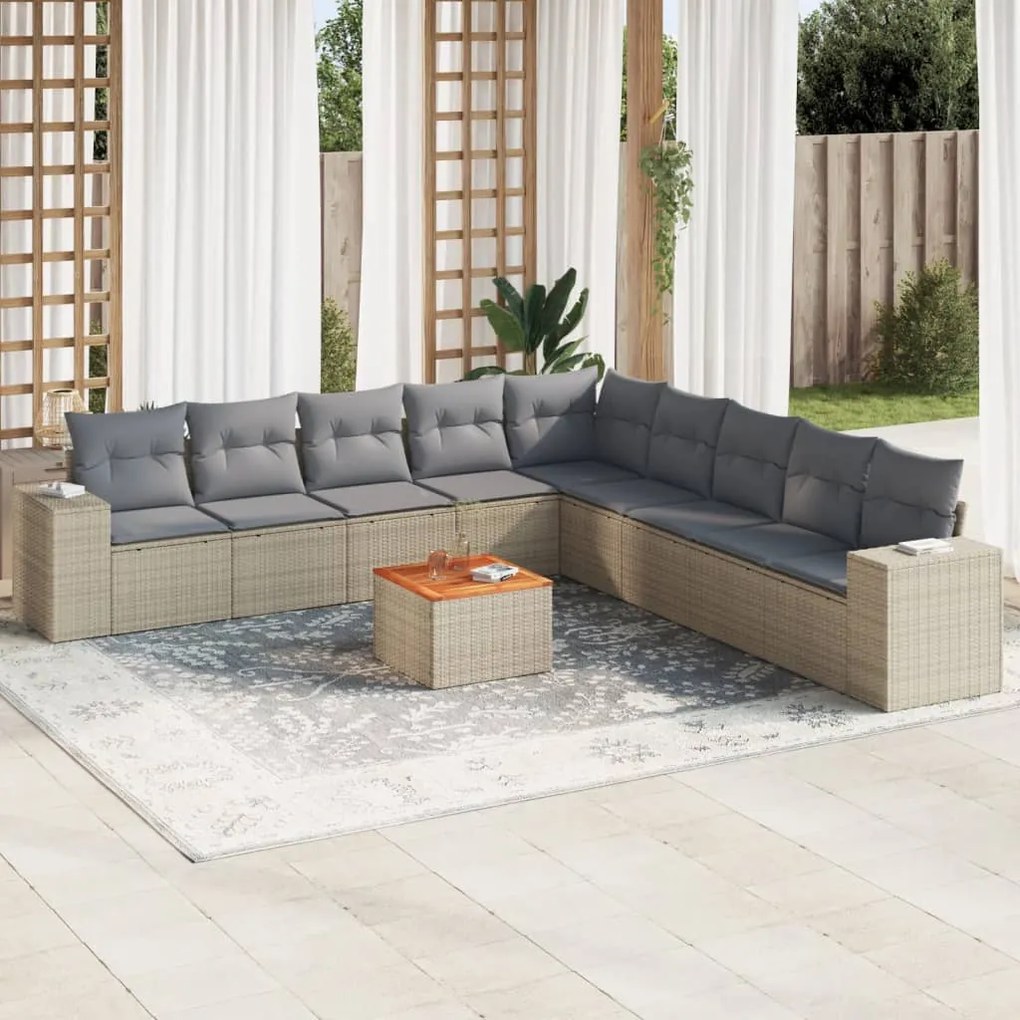 Set divano da giardino 10 pz con cuscini beige in polyrattan