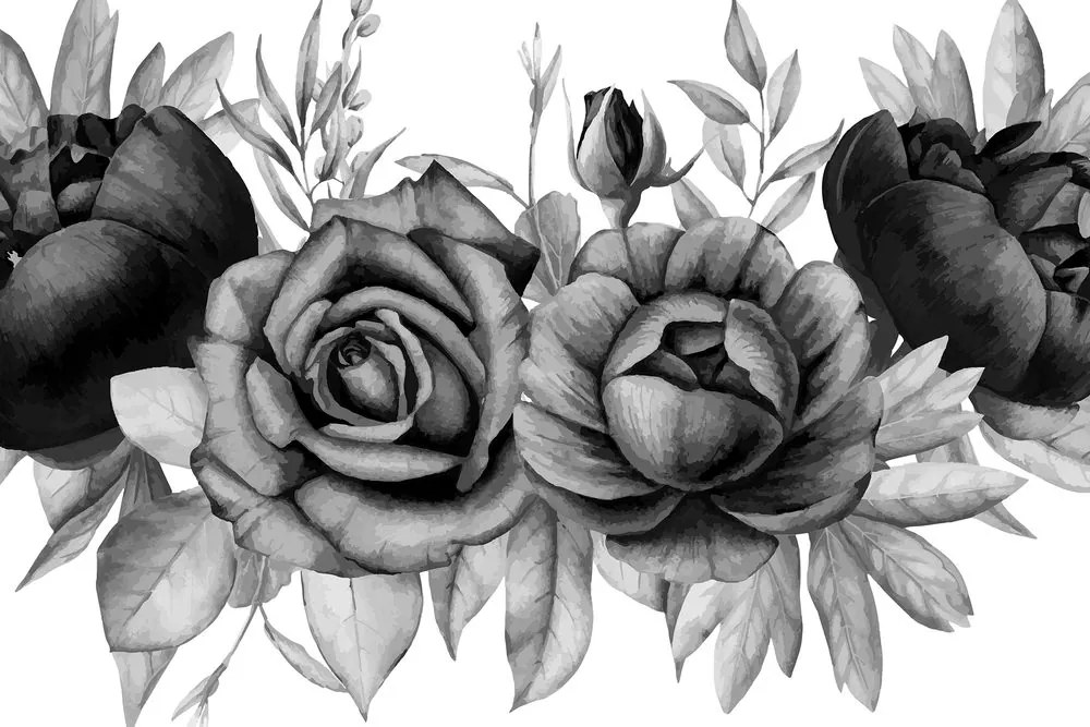 Stampa su tela – Incantevole combinazione di fiori e foglie in bianco e nero