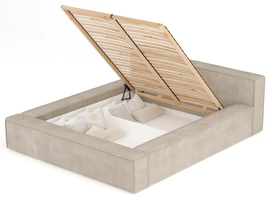 Letto matrimoniale imbottito beige con contenitore e rete inclusi 180x200 cm Voliera – Maison de Rêve