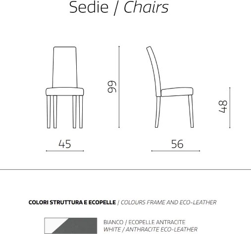 Sedia in ecopelle ANTRACITE con gambe verniciate BIANCO mod. DENVER Set da 2 pezzi