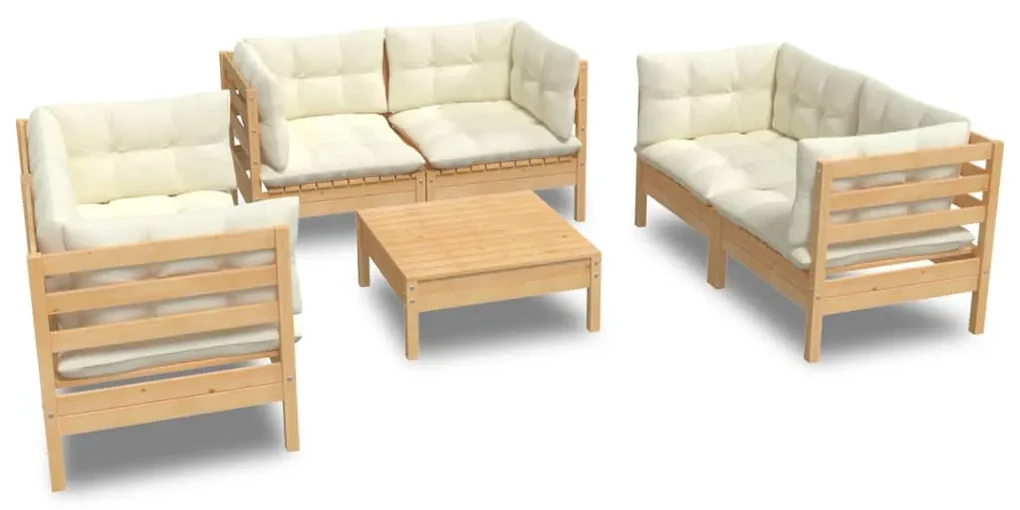Set divani da giardino 7 pz con cuscini crema in massello di pino