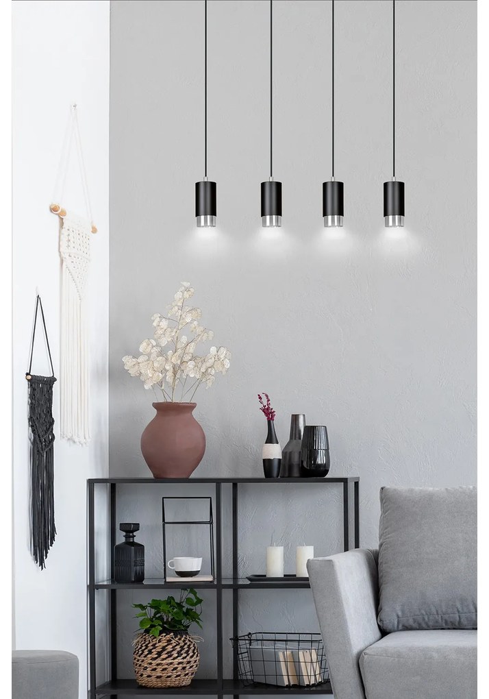 Lampadario 4 Luci Ivar Con Cilindri In Acciaio Nero E Cromo