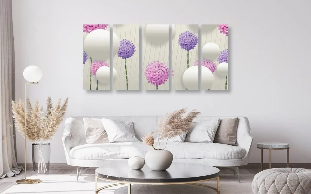 Quadri 5 pezzi – Fiori interessanti con elementi e motivi astratti