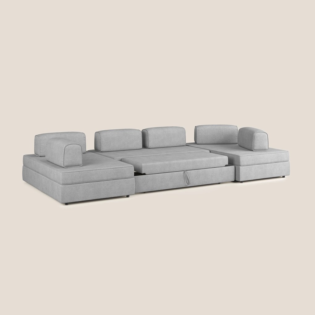 Liberty divano panoramico con pouf estraibile e schienali movibili in tessuto morbido impermeabile T02 grigio chiaro