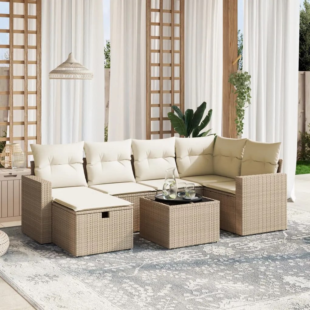 Set Divani da Giardino 7 pz con Cuscini Beige in Polyrattan