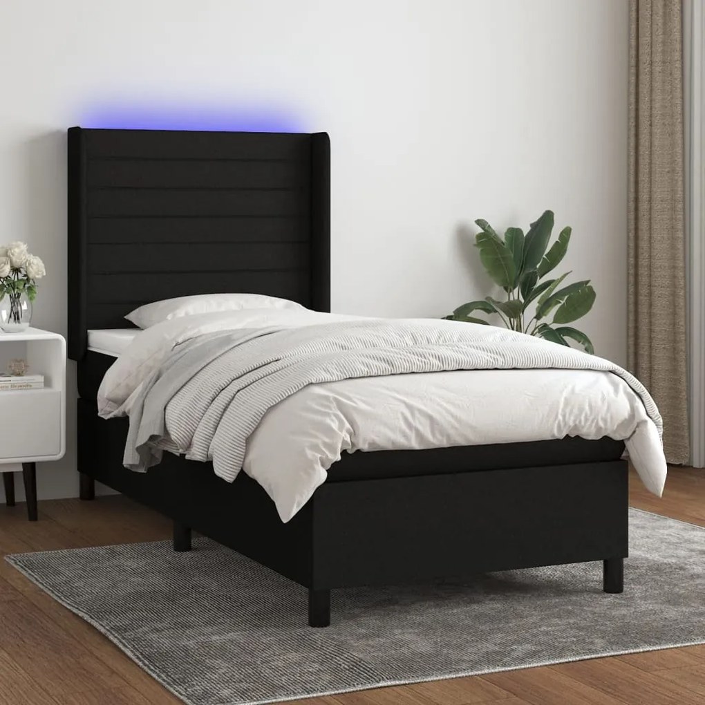 Letto a molle con materasso e led nero 90x190 cm in tessuto