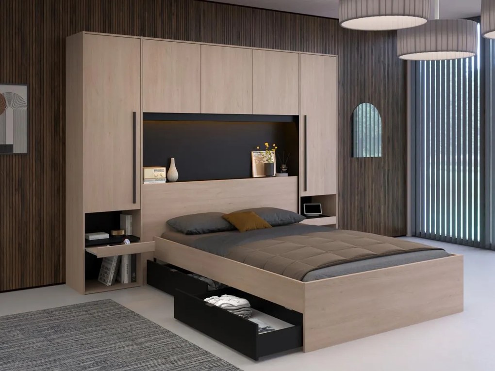 Letto con vani portaoggetti 140 x 190 cm Con LED Naturale e Nero + Rete + Materasso - VELONA