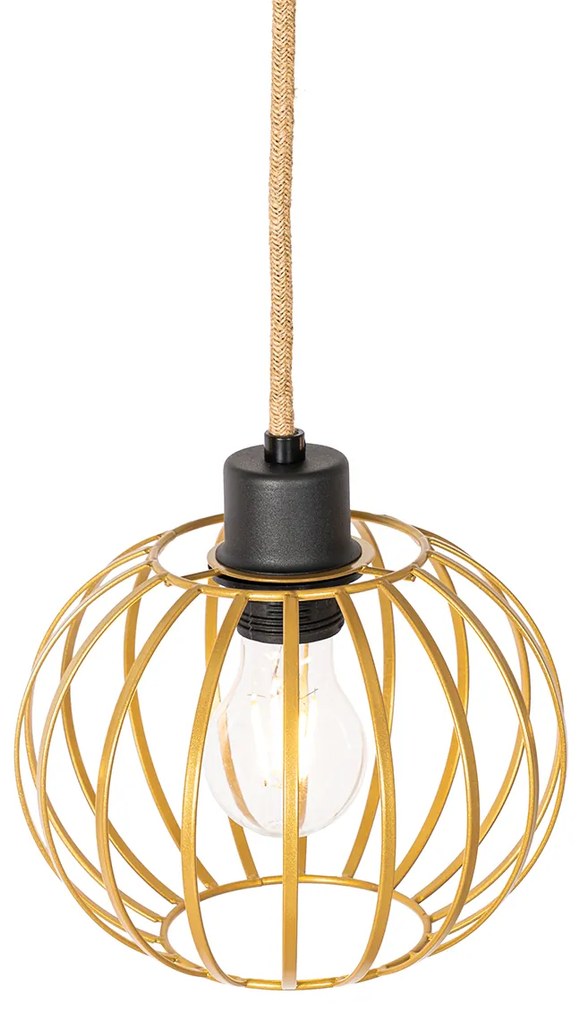 Lampada a sospensione rustica oro con legno 3 luci - Yura