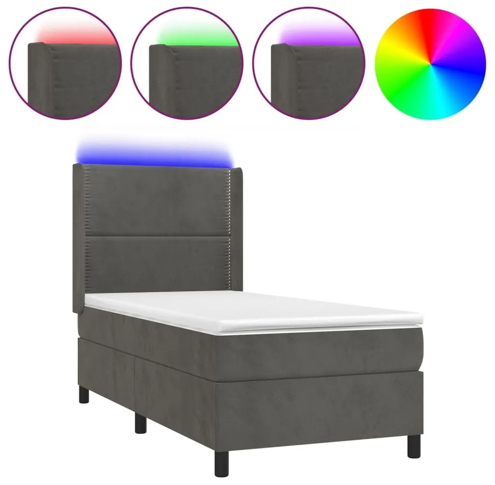 Letto a molle con materasso e led grigio scuro 80x200cm velluto