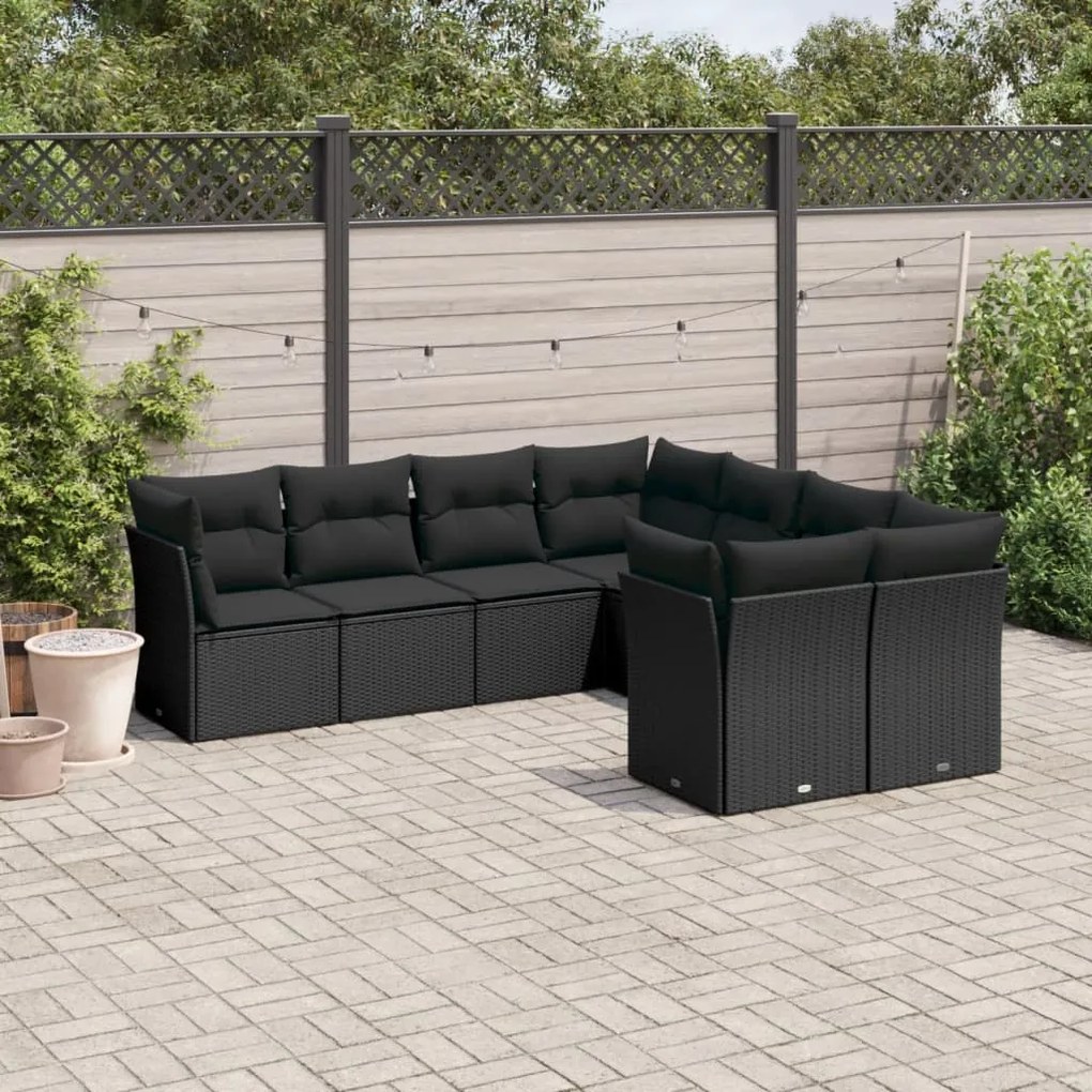 Set Divani da Giardino con Cuscini 8 pz Nero in Polyrattan