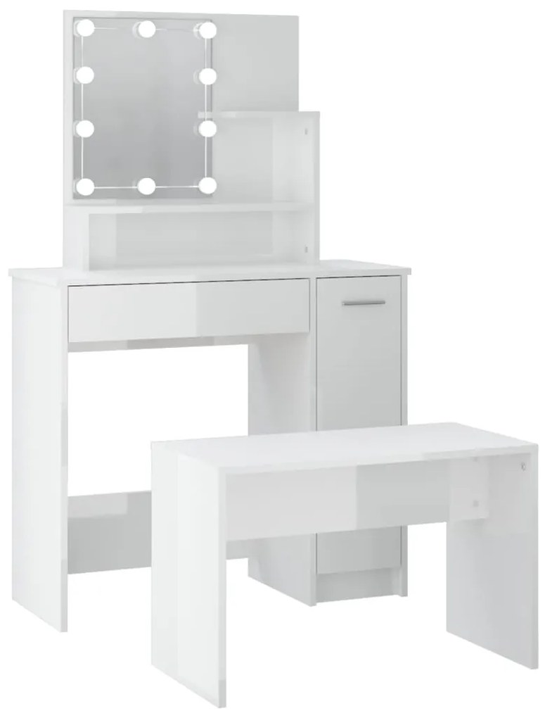 Set tavolo da toeletta bianco lucido con led legno multistrato