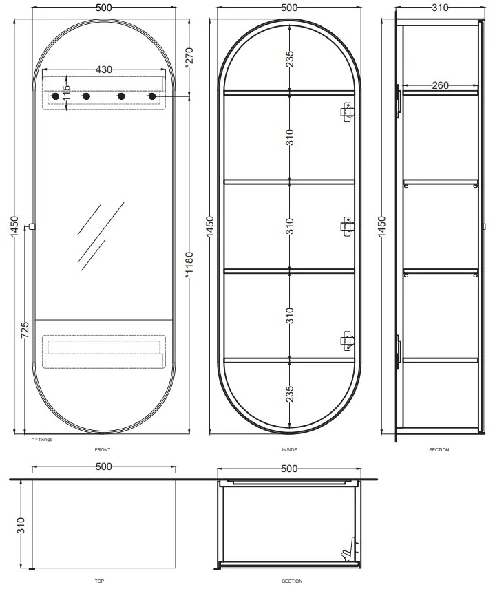 Cielo Arcadia Elio Slim Specchio 50x145 Con Contenitore Reversibile In Legno Laccato Cemento