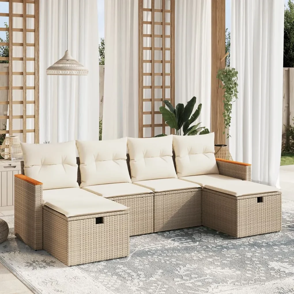 Set divano da giardino 6 pz con cuscini beige in polyrattan