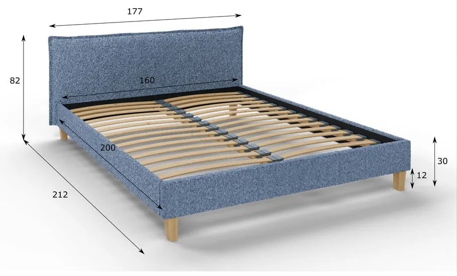 Letto matrimoniale imbottito blu con griglia 160x200 cm Tina - Ropez