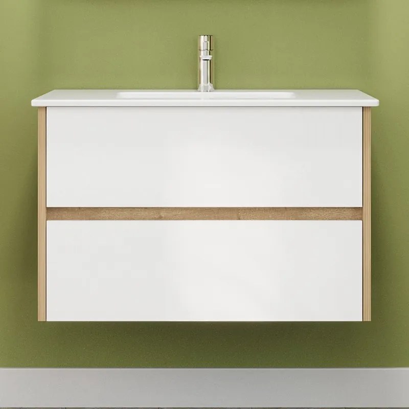 Kamalu - Mobile bagno sospeso 80 cm bicolore rovere naturale e bianco | LAC-AMFI-80