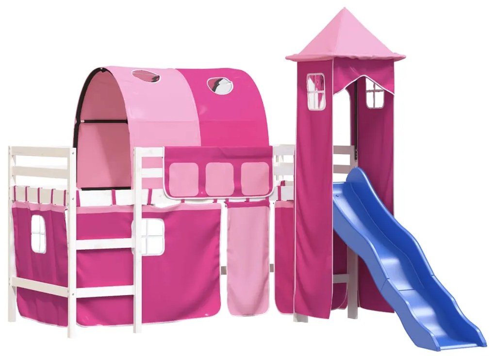 Letto a soppalco con torre bambini rosa 90x200cm massello pino