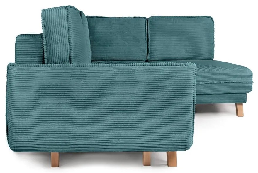 Divano angolare turchese allungabile (con penisola a destra) con rivestimento in velluto a coste Tori – Bonami Selection