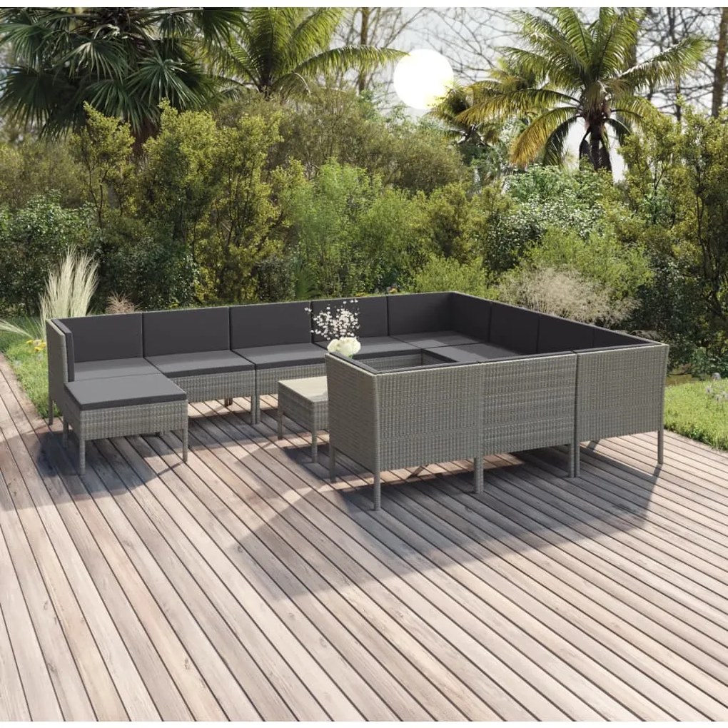 Set divani da giardino 12 pz con cuscini in polyrattan grigio