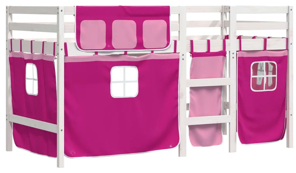 Letto a soppalco con tende bambini rosa 80x200 cm massello pino