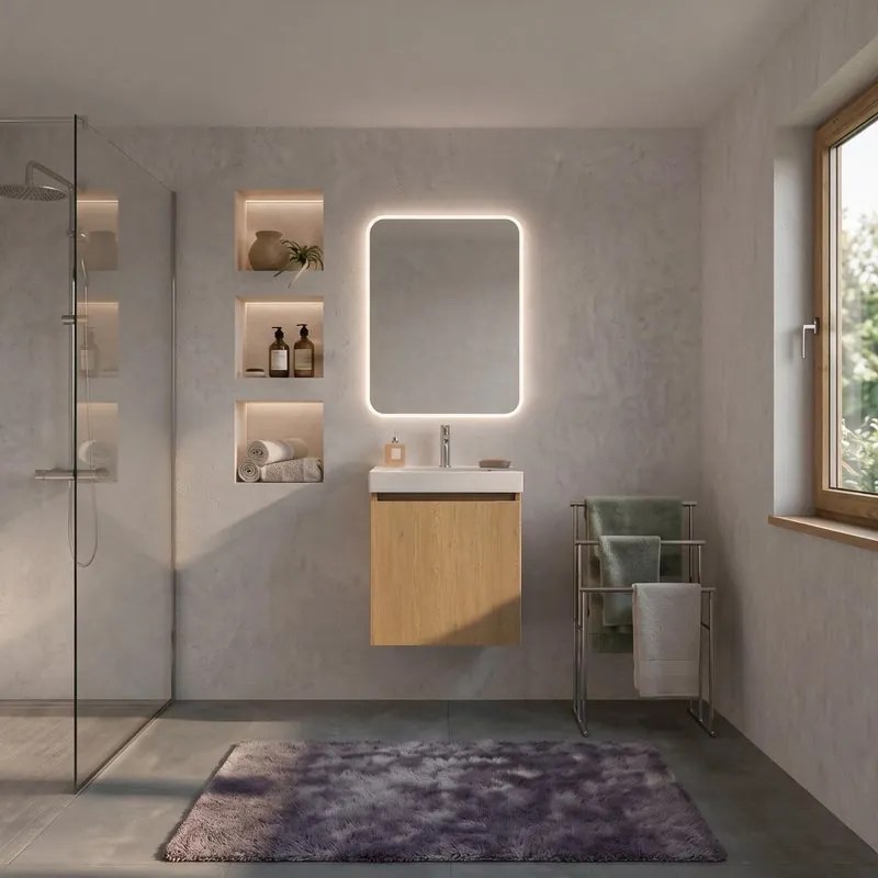 Mobile da bagno sospeso Vegas L 46 x H 56,5 x P 48,5 cm, 1 anta, rovere, lavabo incluso