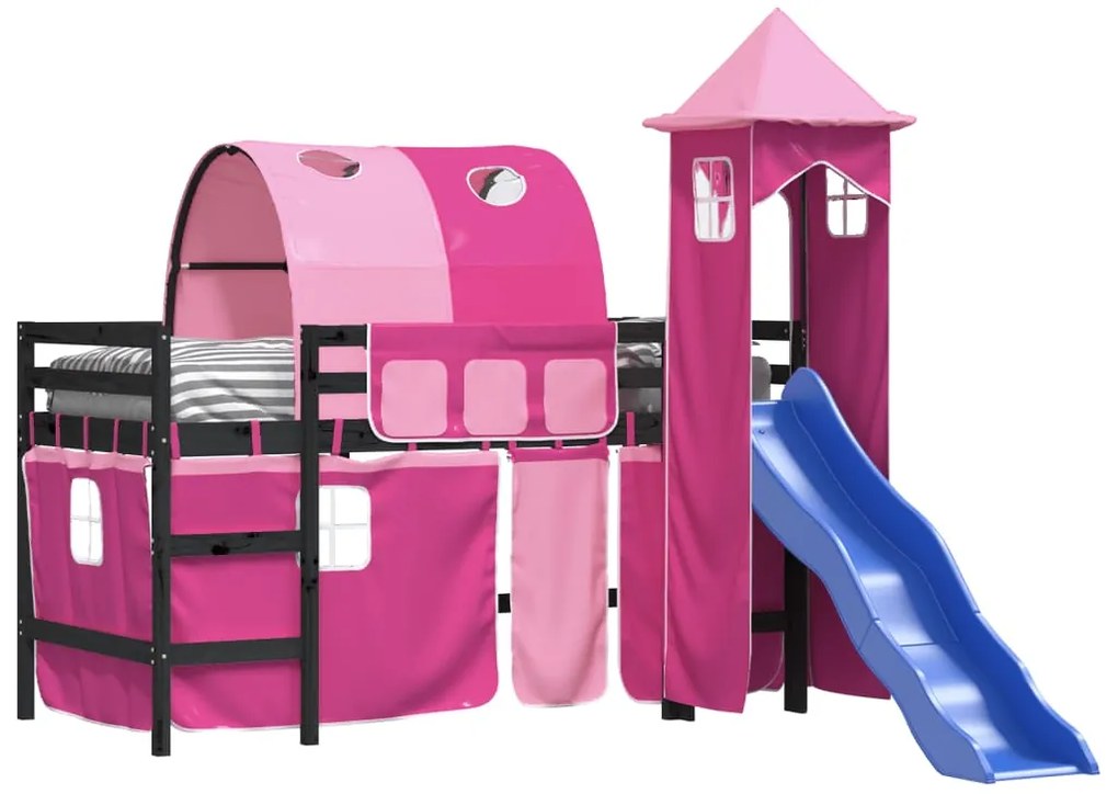 Letto a soppalco con torre bambini rosa 80x200cm massello pino