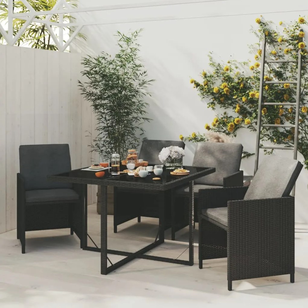 Set da pranzo per giardino 5 pz con cuscini in polyrattan nero