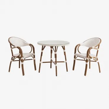 Set Di Tavolo Rotondo (ø80 Cm) E 2 Sedie Da Pranzo Impilabili Con Braccioli In Alluminio Brielle Bistro Gardenia Bianco - Nude Beige - Sklum