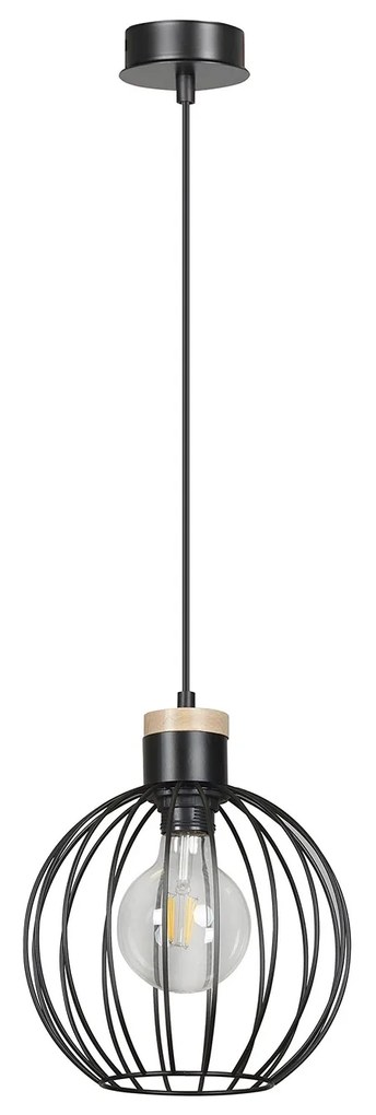 Sospensione 1 Luce Morgana Paralume A Gabbia In Acciaio Nero E Legno Naturale