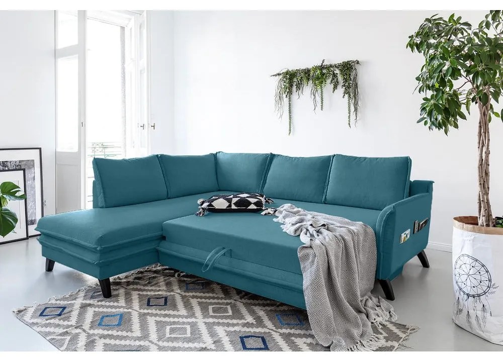 Divano letto angolare turchese L, angolo sinistro Charming Charlie - Miuform