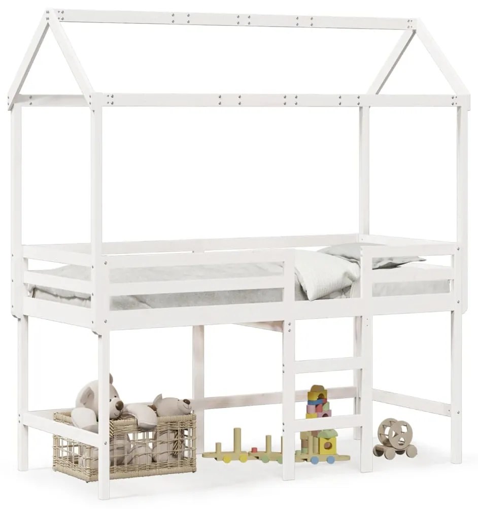 Letto Soppalco Con Scala E Tetto Bianco 80x200 Cm Massello Pino /