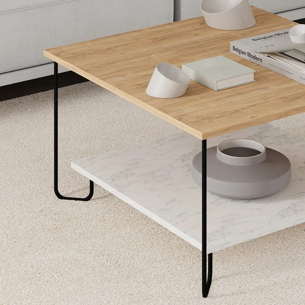 Tavolino con piano in rovere decorato in bianco e naturale 80x80 cm Tonka - Marckeric