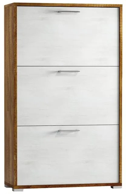 Scarpiera 3 ante doppia profondità L 67 x H 112 x P 28 cm 18 paia, rovere naturale e bianco