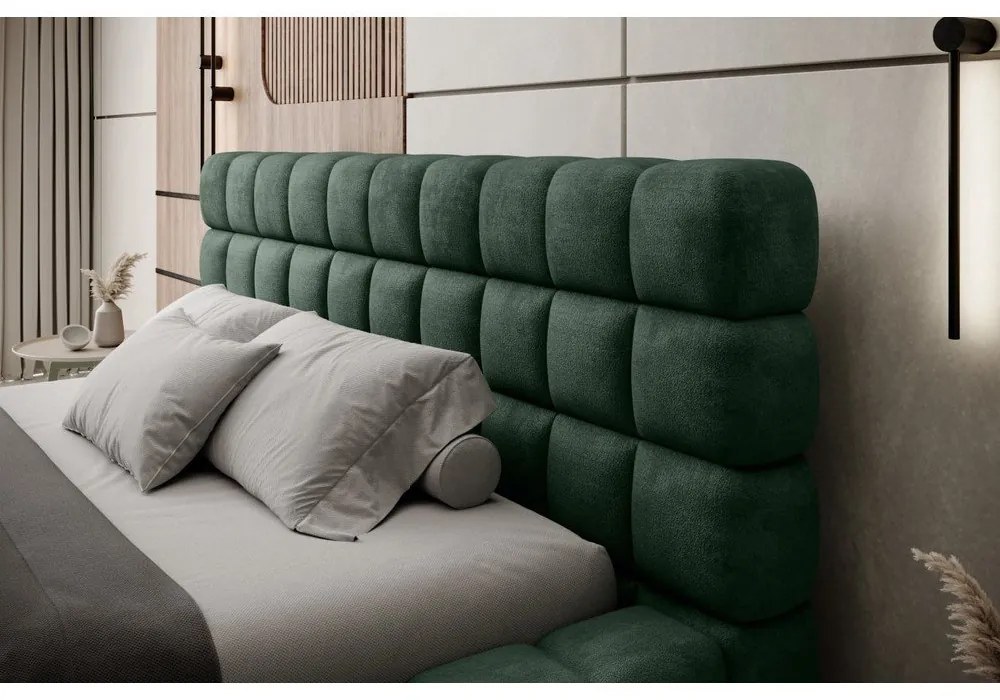 Letto matrimoniale imbottito verde scuro con contenitore e rete inclusi 140x200 cm Dizzle – ELTAP