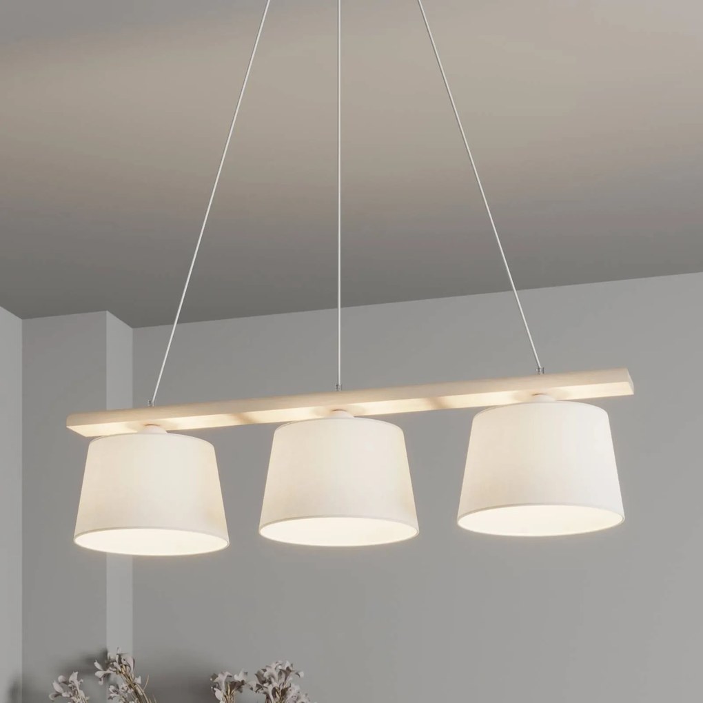 Euluna Lampada a sospensione Svezia, bianco/bianco antico, tessuto, legno, a 3 luci