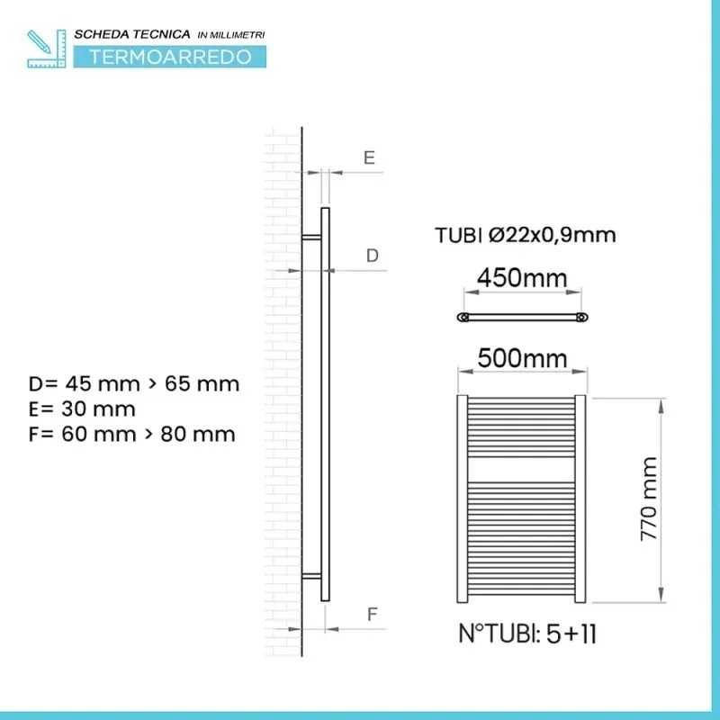 Termoarredo scaldasalviette 500x770 nero opaco con interasse 45 cm