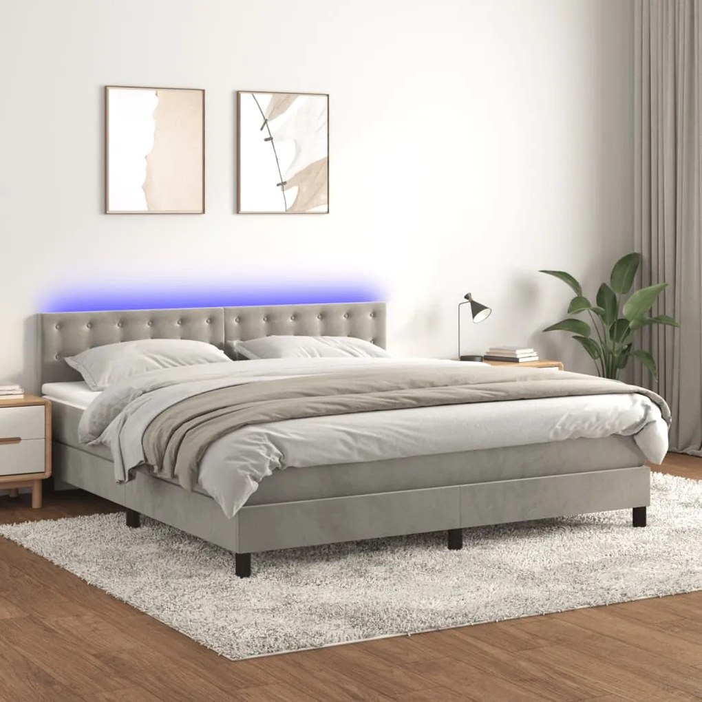 Letto a molle materasso e led grigio chiaro 160x200 cm velluto