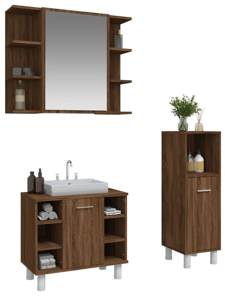 Set mobili da bagno 3 pz rovere marrone in legno multistrato