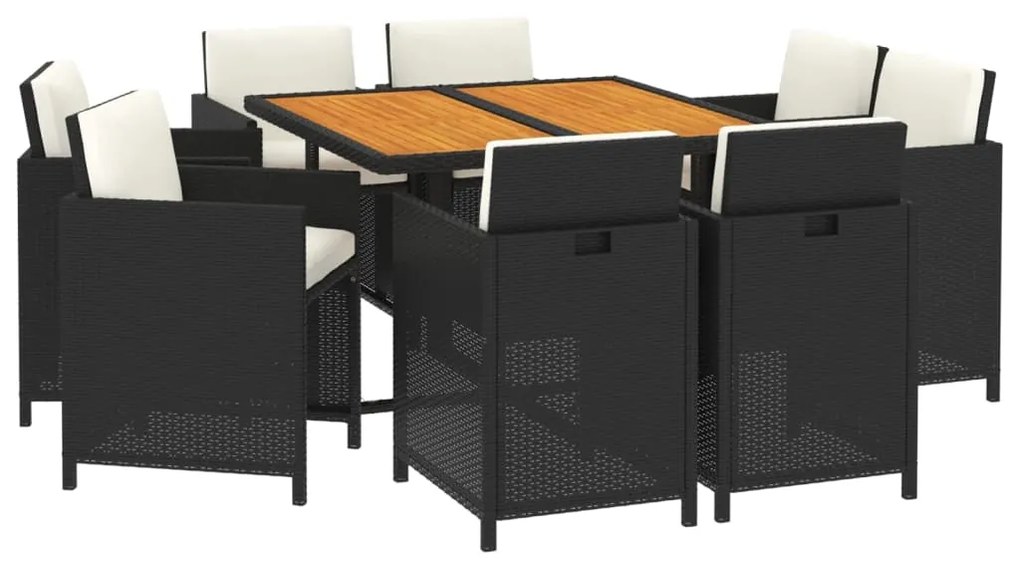 Set da pranzo per giardino 9pz con cuscini in polyrattan nero